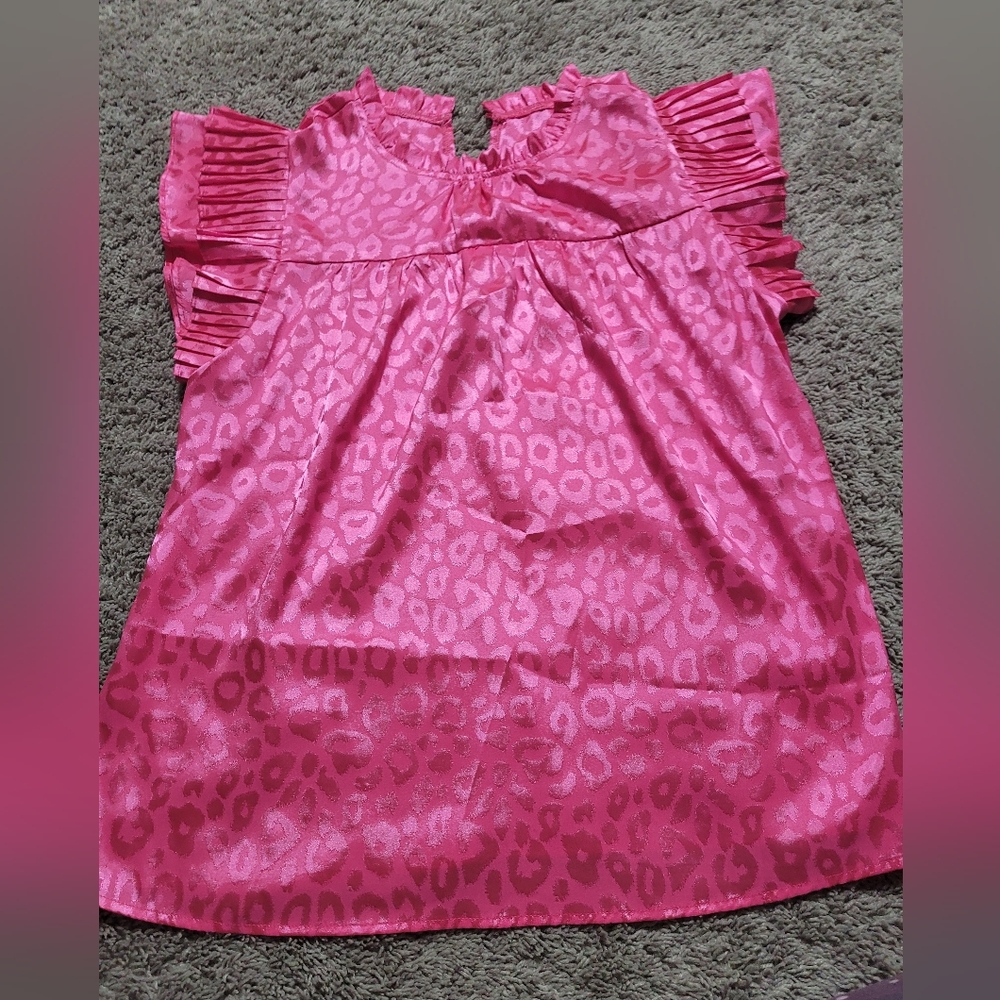 Pink Leopard Print Satin Ruffle Top XL Shein Statement Blouse